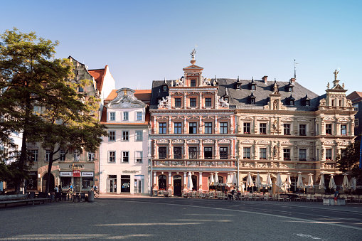 rich ornamented facades of historic patrician houses from renaissance era at the Fischmarkt square in Erfurt