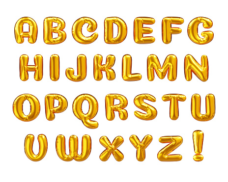 Balloon alphabet. Gold metallic uppercase letters. 3d vector realistic golden font. ABC foil decoration, part 1