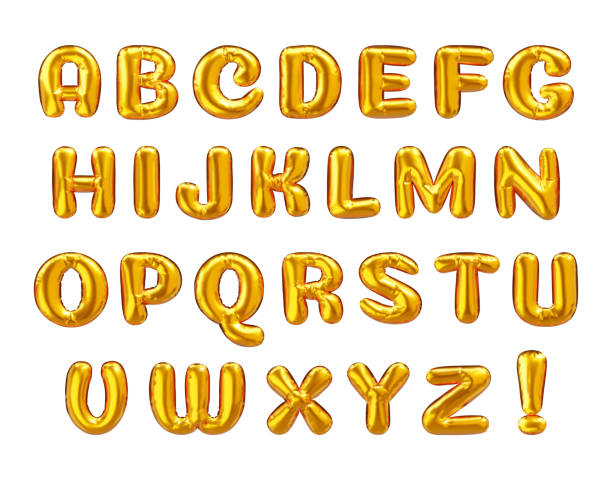 Gold balloon alphabet uppercase letters Balloon alphabet. Gold metallic uppercase letters. 3d vector realistic golden font. ABC foil decoration, part 1 helium balloon stock illustrations