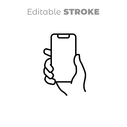 Hand holding mobile phone with blank screen. Vector smart phone, electronic device line art icon. Editable line drawing. Black and white illustration, sign, symbol.