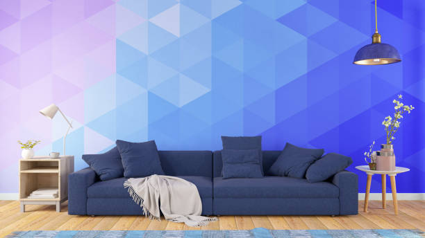 istock Modern Living Room with Sofa and Geometric Wallpaper 1327239113