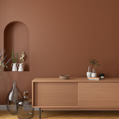 Modern Wooden Console with Empty Wall. 3d Render