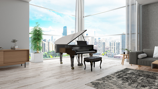 Modern Interior with Grand Piano. 3d Render