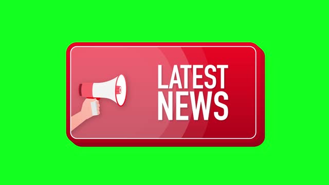 Latest News megaphone red banner in 3D style on white background. Hand holds loudspeacker. Motion graphics.