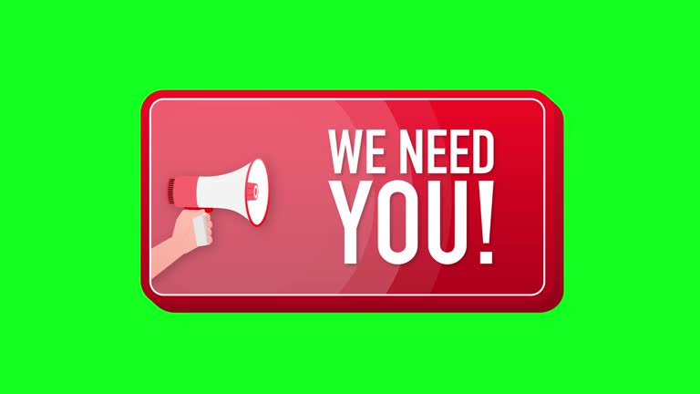 We Need You megaphone red banner in 3D style on white background. Hand holds loudspeacker. Motion graphics.