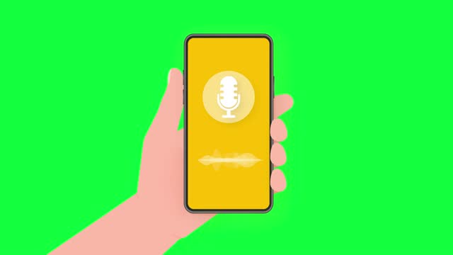 Hand holds phone with record podcast on screen on yellow background. Motion graphics.
