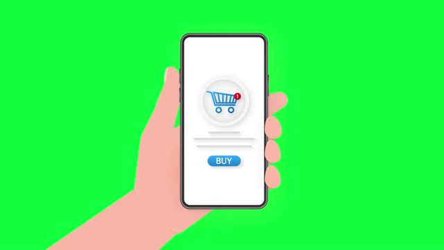 Hand with smartphone and buy sign on screen. Concept online shopping. Motion graphics.