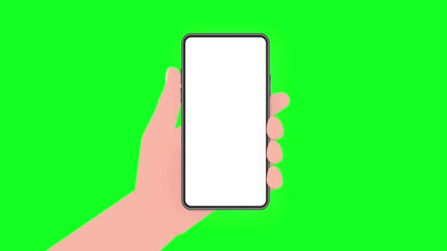 Hand holds phone with mock up screen. Phone on white background. Motion graphics.