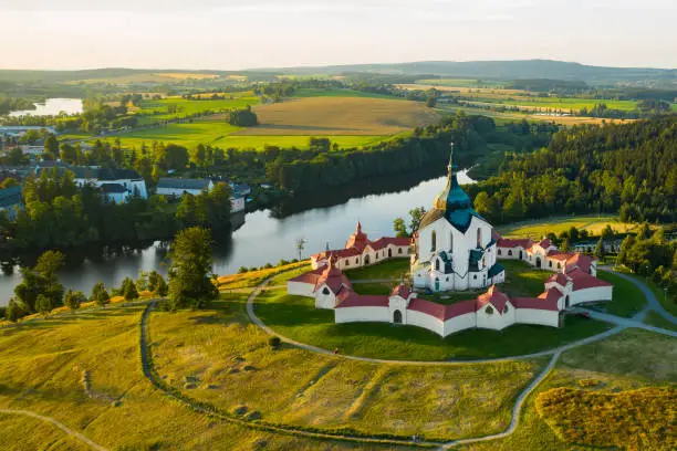 Aerial view of Pilgrimage Church of Saint John of Nepomuk on the Green Hill at sunset