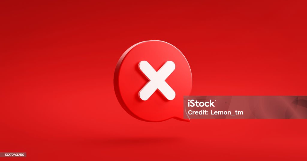 White cross check mark icon button and no or wrong symbol on reject cancel sign button negative checklist background with decline option box. 3D rendering. Forbidden Stock Photo