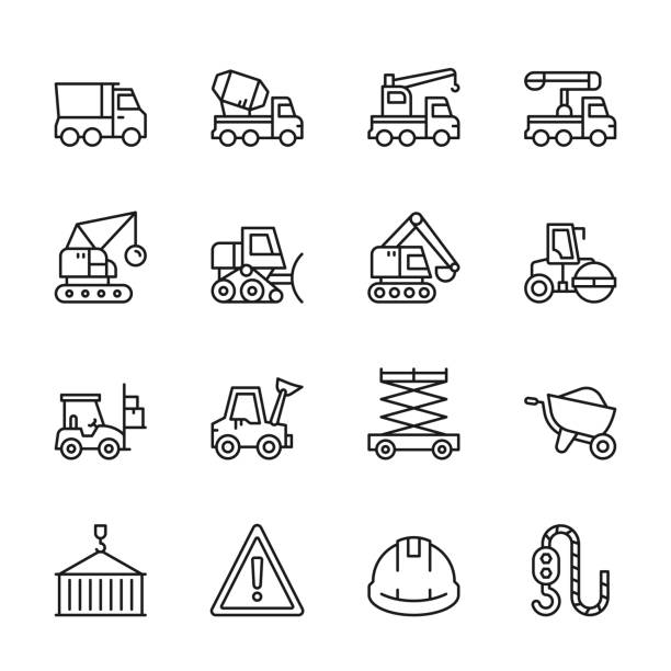 construction trucks and machinery line icons - earth mover bulldozer construction scoop stock-grafiken, -clipart, -cartoons und -symbole