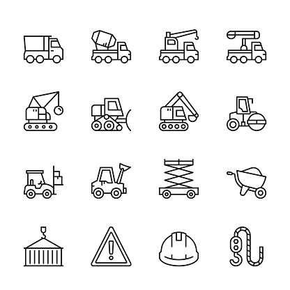 Vector Style Construction Trucks And Machinery Editable Stroke Line Icons