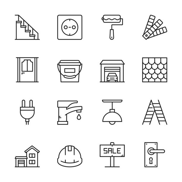 Home Renovation Line Icons Vector Style Home Renovation Editable Stroke Line Icons door handle stock illustrations