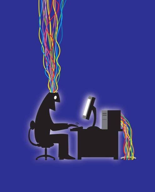ilustraciones, imágenes clip art, dibujos animados e iconos de stock de hombre en la computadora witrh cables de colores - sobrecarga de información