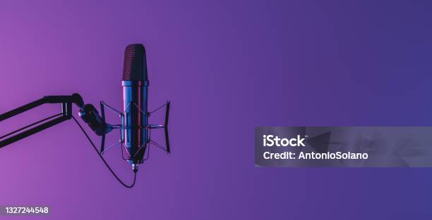 Microphone With Neon Light Stock Photo - Download Image Now - Podcasting, Microphone, Radio