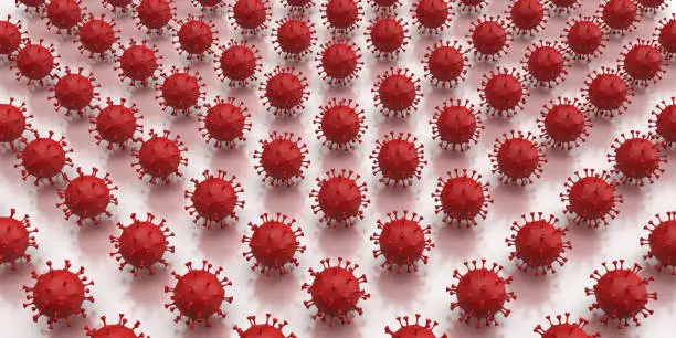 Photo of Many red bacteria virus cells on white background.