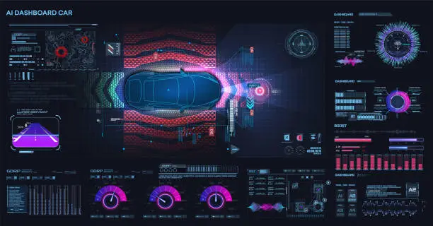 Vector illustration of Accident prevention system. Autonomous vehicle movement. Help the driver while driving. Top view of a self-driving CAR on the road. Futuristic user interface HUD, FUI. Hologram, copy space. Vector
