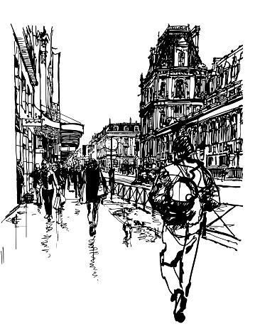 Paris, people walking near Hotel de Ville after rain - vector illustration