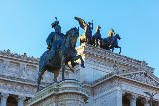 Equestrian statue of Vittorio Emanuele II in Rome . Famous monument in front of Altar of the Fatherland in Rome Italy