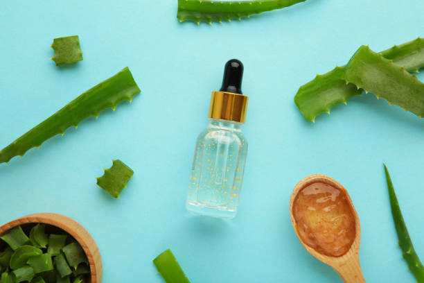 istock Aloe vera and oil bottle on blue background. 1327250799