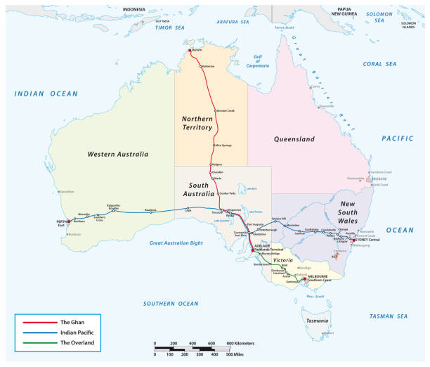 plan linii trzech australijskich pociągów zdalnych overland, indian pacific, the ghan - melbourne australia sign road stock illustrations