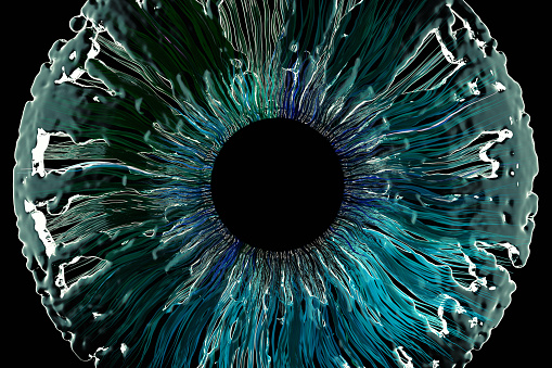 Abstract green iris covered in flowing crystal , CGI.