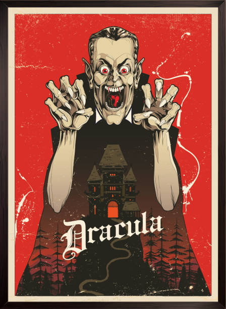 ilustraciones, imágenes clip art, dibujos animados e iconos de stock de cartel de drácula vampiro e ilustración de la casa embrujada - horror monster spooky movie