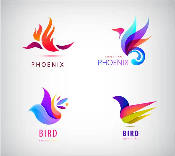 Vector illustration of Vector set of bird icons, icons, illustrations in trendy colorful geometric style. Phoenix, dove, freedom, flight