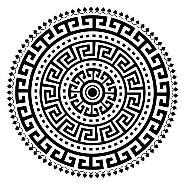 ilustraciones, imágenes clip art, dibujos animados e iconos de stock de vector griego antiguo diseño de mandala de jarrón con patrón clave, patrón boho negro geométrico en negro sobre fondo blanco - key pattern