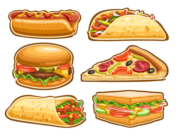 illustrations, cliparts, dessins animés et icônes de ensemble de restauration rapide vector - club sandwich picto