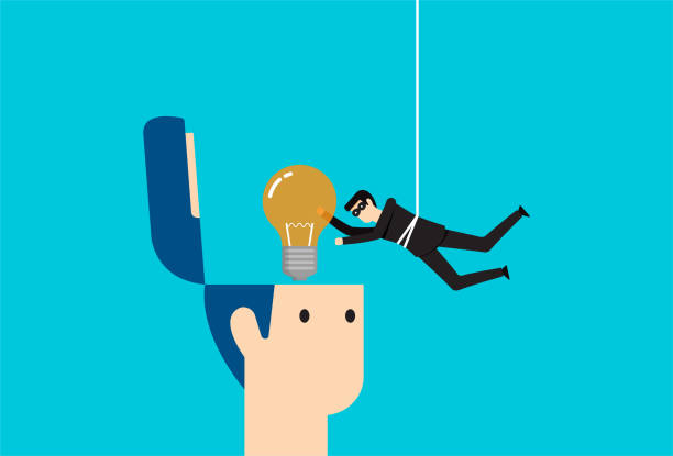 ilustrações de stock, clip art, desenhos animados e ícones de steal light bulb idea from businessman head - infringe