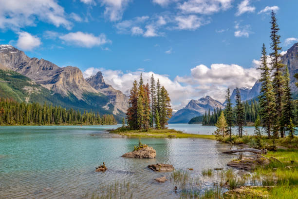 isola spirit nel lago maligne, jasper national park, alberta, rocky mountains, canada - lago maligne foto e immagini stock