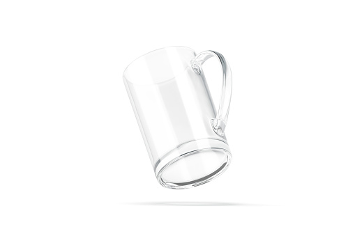 Blank glass narrow 11oz mug with handle mockup, no gravity, 3d rendering. Empty glassful tankard bottom mock up, isolated. Clear transparent coffeemug for sublimation printing template.