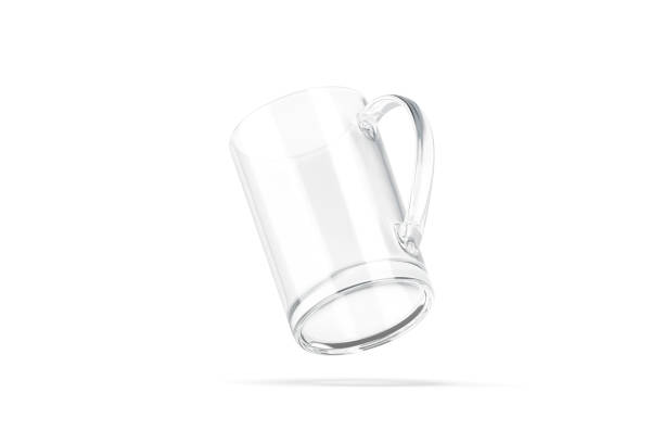 Blank glass narrow 11oz mug with handle mockup, no gravity Blank glass narrow 11oz mug with handle mockup, no gravity, 3d rendering. Empty glassful tankard bottom mock up, isolated. Clear transparent coffeemug for sublimation printing template. can bottom stock pictures, royalty-free photos & images