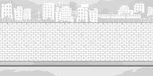 Black And White Brick Wall Coloring Page With Background Of The Cityscape Vector Illustration Black And White Brick Wall Coloring Page With Background Of The Cityscape Vector graffiti brick wall dirty wall stock illustrations