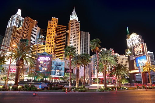 People visit the famous Strip in Las Vegas. 15 of 25 largest hotels in the world are located at the strip with more than 60 thousand rooms.
