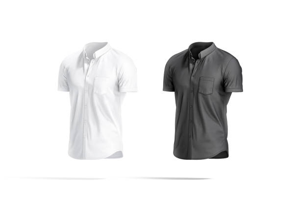istock Blank black and white short sleeve button down shirt mockup 1327260132