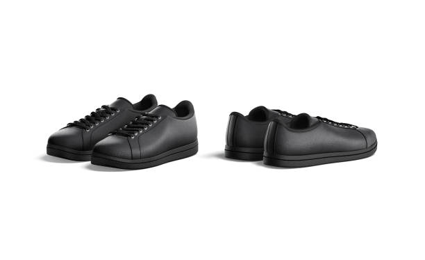 Blank black leather sneakers with lace mockup, front and back
