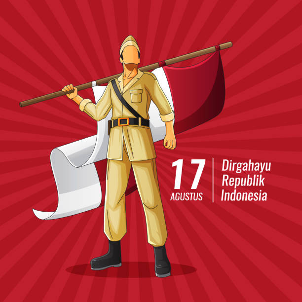 ilustraciones, imágenes clip art, dibujos animados e iconos de stock de tarjeta de felicitación indonesia independence vector con héroe sosteniendo la bandera de indonesia - indonesia
