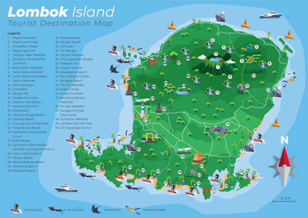 mapa turystyczna wyspy lombok - bali cartography map island stock illustrations