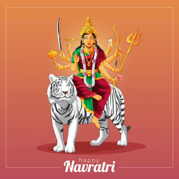 Vector illustration of sharad navratri vector greeting card with Durga goddess and white tigersharad navratri vector greeting card with Durga goddess and white tiger