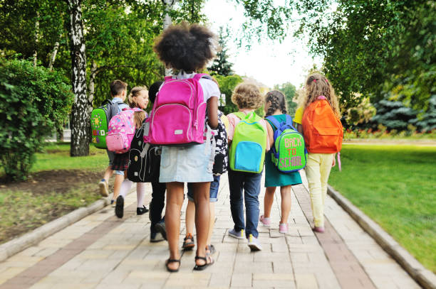 grupo de crianças escolares com bolsas escolares e mochilas vão para a escola, vista de trás. conceito de volta à escola, educação, 1º de setembro, dia do conhecimento - back school - fotografias e filmes do acervo