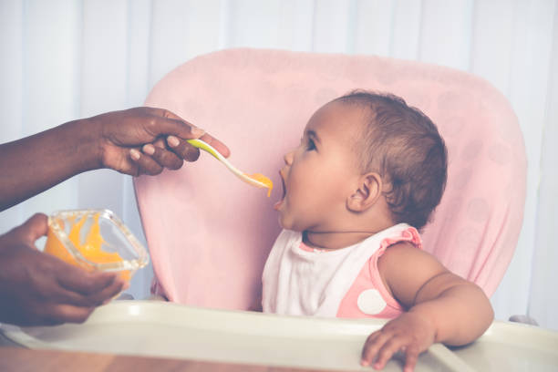 istock Cute baby child eating pureed mango with a teaspoon. 1327264149