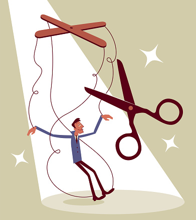 Businessman Characters Vector Art Illustration.
Cutting the strings of the businessman marionette (puppet).