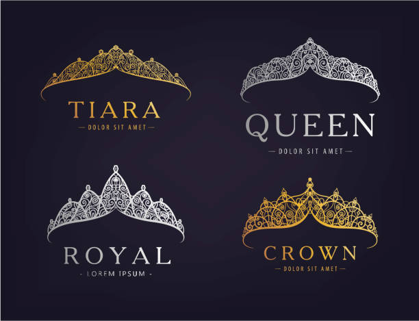 Vector set of abstract luxury, royal golden, silver company logo icon vector design. Isolated on dark background, vintage style. Vector set of abstract luxury, royal golden, silver company logo icon vector design. Isolated on dark background, vintage style crown headwear illustrations stock illustrations