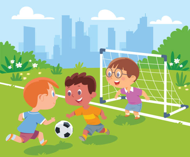 illustrazioni stock, clip art, cartoni animati e icone di tendenza di ragazzi che giocano a calcio all'aperto - bambini calcio