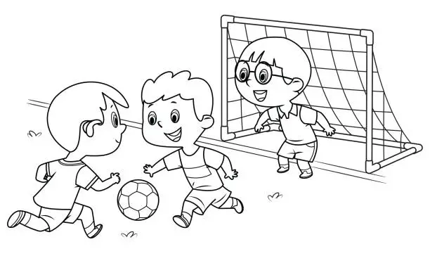 Vector illustration of Black And White, kids playing football