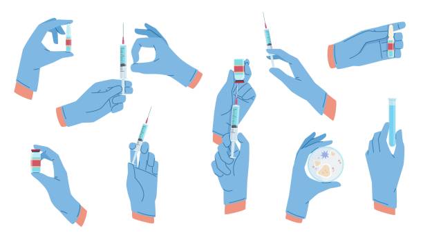 медицинские руки. оружие в асептических хирургических перчатках синего цвета, вакцинация, защита от вирусов, лабораторные тесты, провести � - hand in latex glove stock illustrations