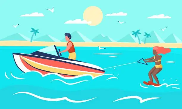 Vector illustration of Sea extreme. Summer beach sport, woman on water skis, young man drives motor boat, happy people engaged aqua activities and recreation. Active leisure time. Vector cartoon seaside concept