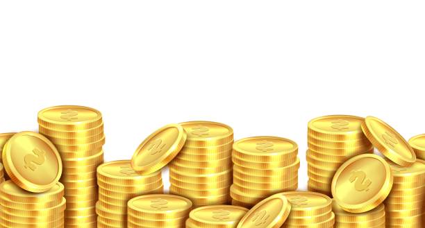 istock Coins stack gold. Golden coin money pile realistic backdrop, stacked dollar lots, cash profits, gambling game jackpot casino market banner. Square luxury frame vector 3d isolated illustration 1327267041